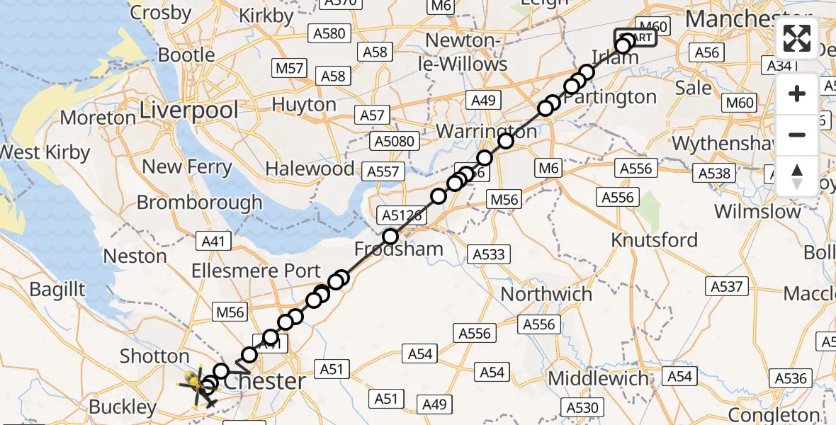 Flight route Police Helicopter Manchester Barton Aerodrome - Hawarden Airport, 22 May 2026, 03:28