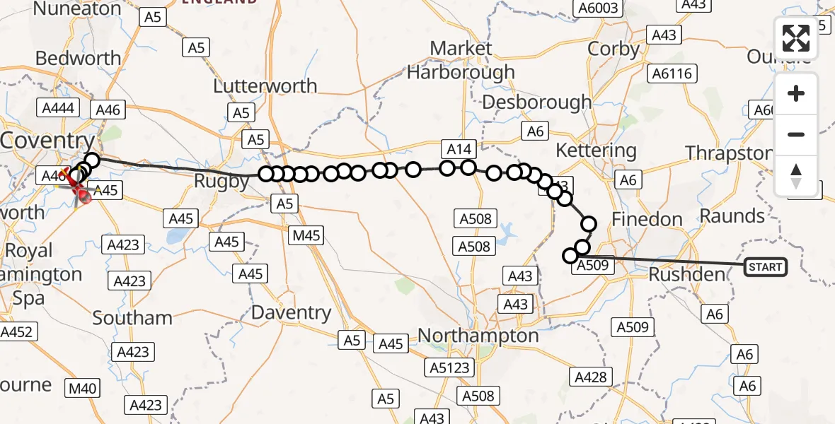 Flight route Air Ambulance Helicopter Dean and Shelton - Rugby, 22 May 2026, 06:24