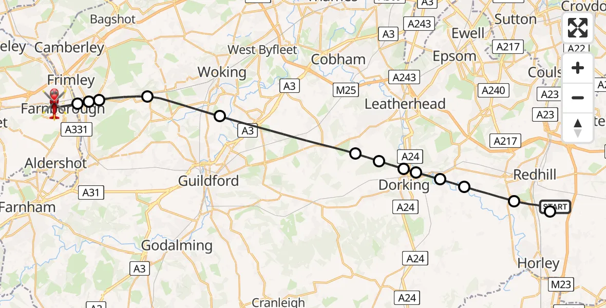 Flight route Air Ambulance Helicopter Redhill Aerodrome - Farnborough, 22 May 2026, 06:39