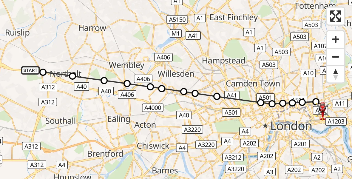 Flight route Air Ambulance Helicopter RAF Northolt - Royal London Hospital, 22 May 2026, 07:04