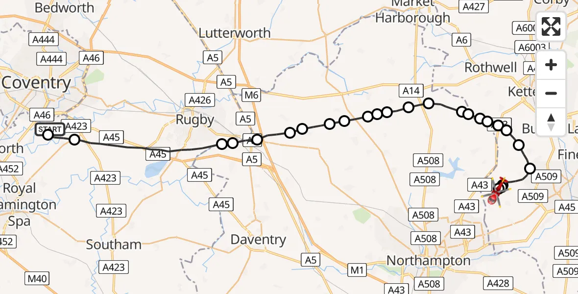 Flight route Air Ambulance Helicopter Coventry Airport - Sywell Aerodrome, 22 May 2026, 07:34