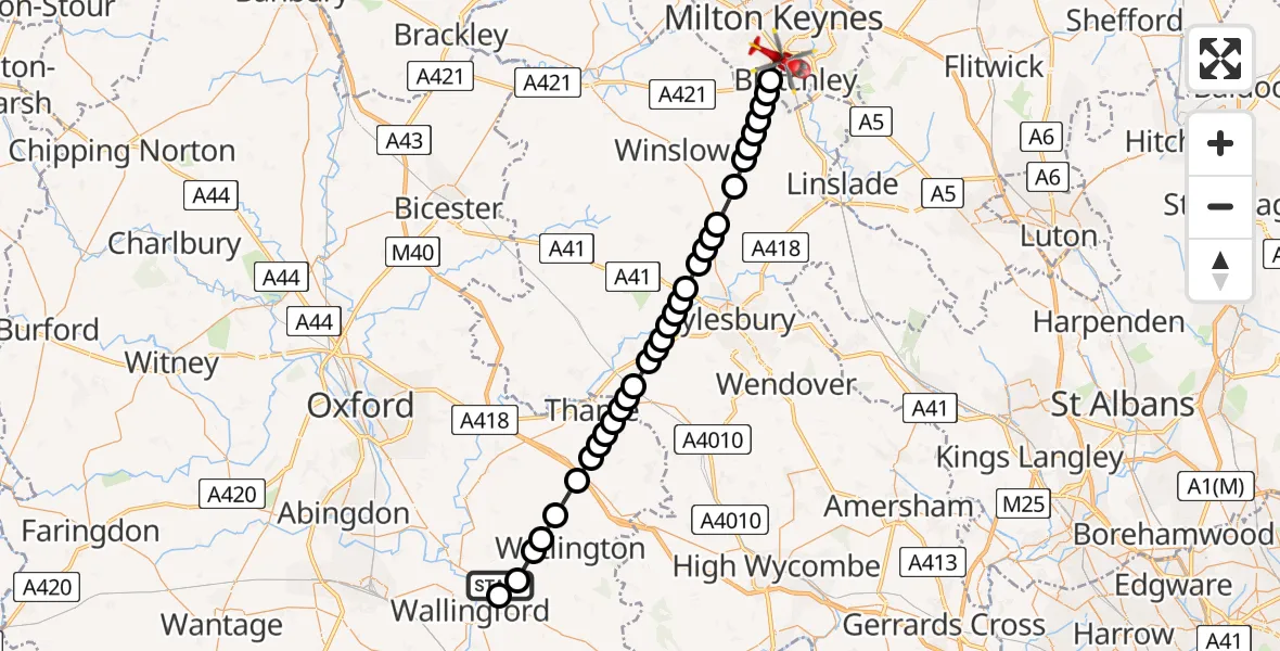 Flight route Air Ambulance Helicopter RAF Benson - Bletchley, 22 May 2026, 07:39