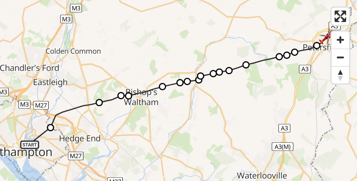 Flight route Air Ambulance Helicopter Bitterne Manor - Petersfield, 22 May 2026, 07:41