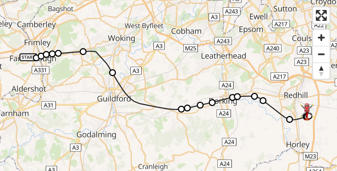 Flight route Air Ambulance Helicopter Farnborough - Redhill Aerodrome, 22 May 2026, 07:51