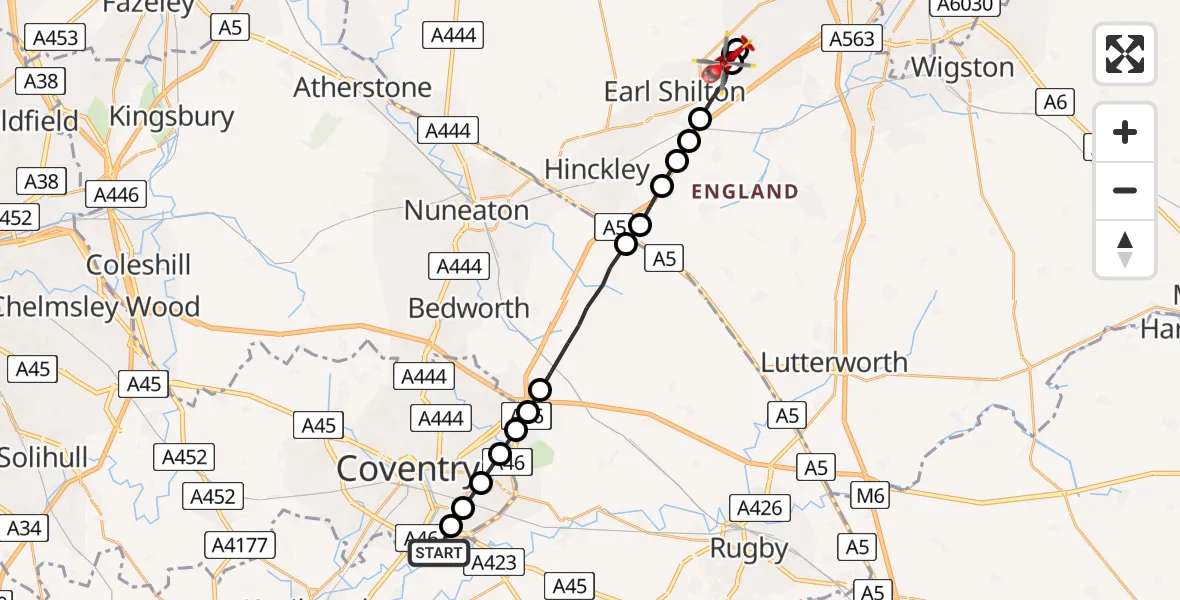 Flight route Air Ambulance Helicopter Coventry Airport - Blaby, 22 May 2026, 08:06