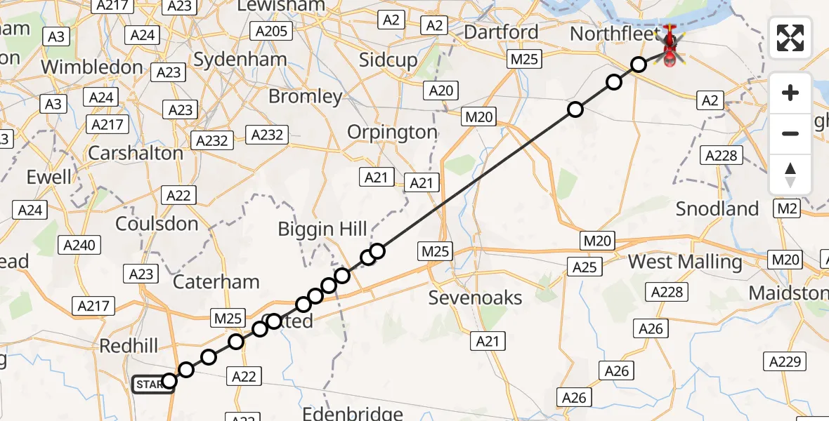 Flight route Air Ambulance Helicopter Redhill Aerodrome - Gravesend, 22 May 2026, 08:18