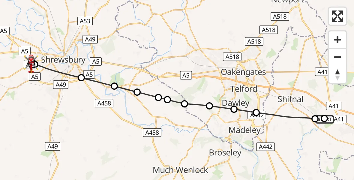 Flight route Air Ambulance Helicopter RAF Cosford - Cruckton, 22 May 2026, 08:19