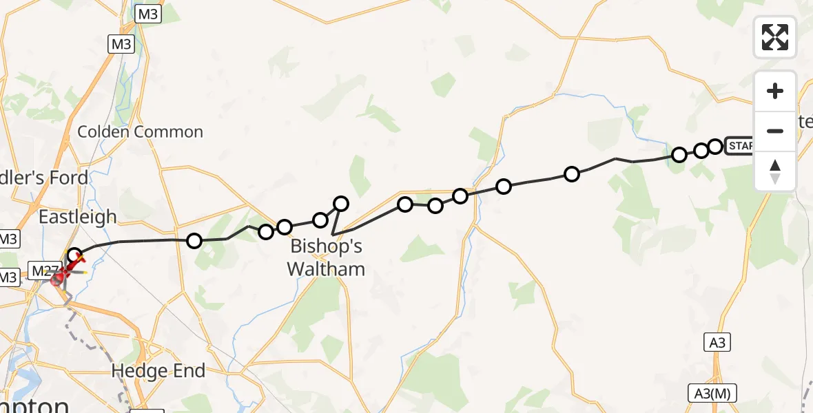 Flight route Air Ambulance Helicopter Stroud - Southampton Airport, 22 May 2026, 08:26