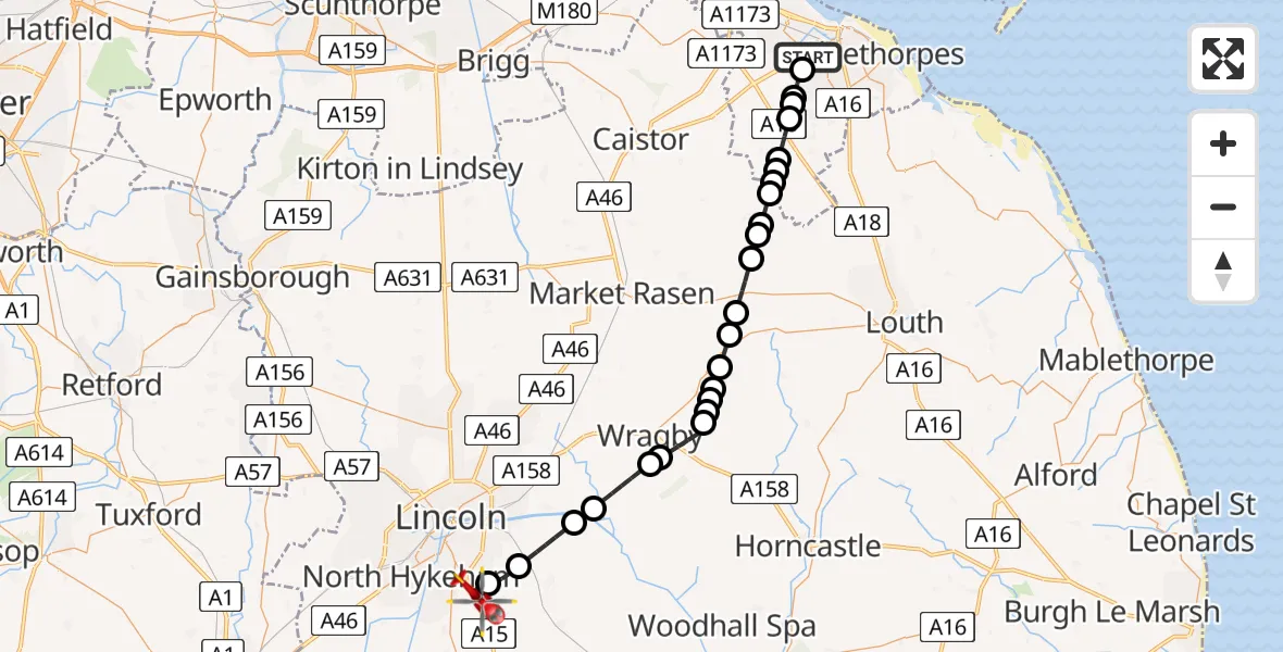 Flight route Air Ambulance Helicopter Grimsby - North Kesteven, 22 May 2026, 08:39