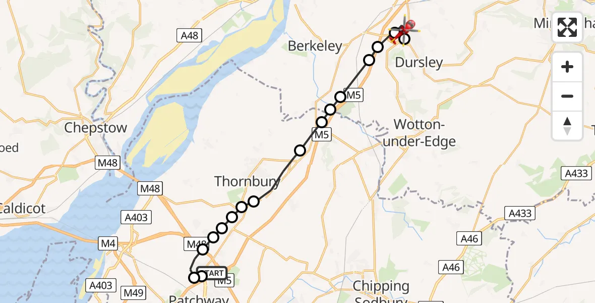 Flight route Air Ambulance Helicopter Almondsbury Helicopter Base - Stroud, 22 May 2026, 08:48