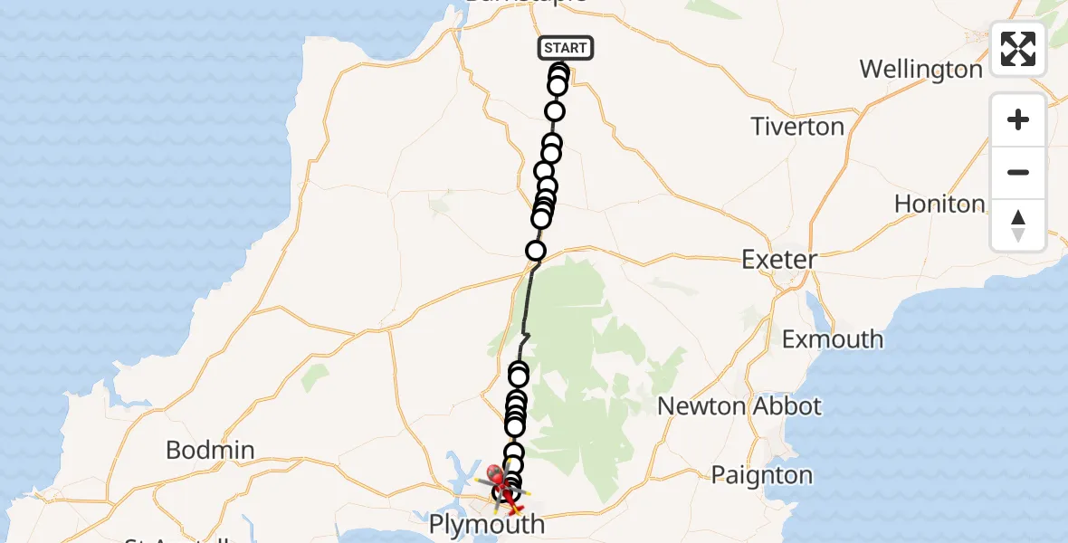 Flight route Air Ambulance Helicopter Umberleigh - Estover, 22 May 2026, 08:53