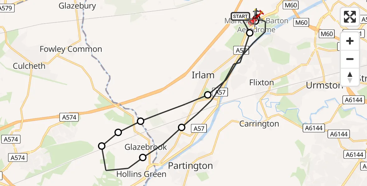 Flight route Air Ambulance Helicopter Manchester Barton Aerodrome - Manchester Barton Aerodrome, 22 May 2026, 09:10