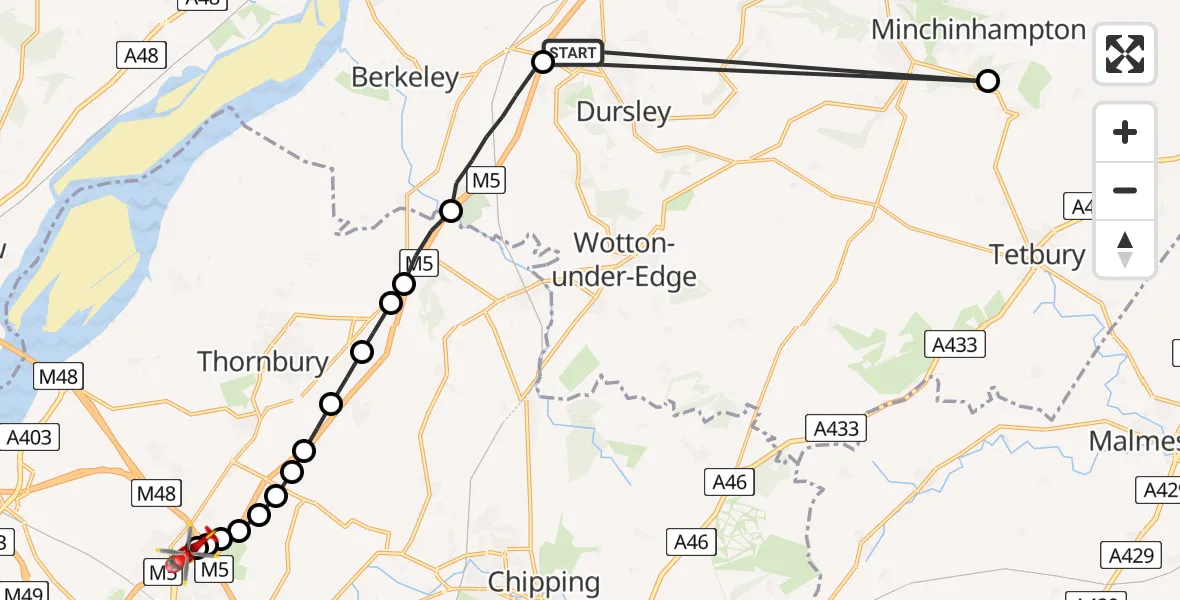 Flight route Air Ambulance Helicopter Stroud - Almondsbury Helicopter Base, 22 May 2026, 09:12