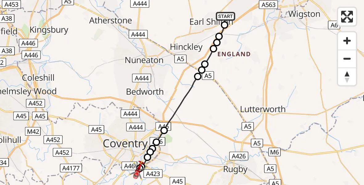 Flight route Air Ambulance Helicopter Thurlaston - Coventry Airport, 22 May 2026, 09:12