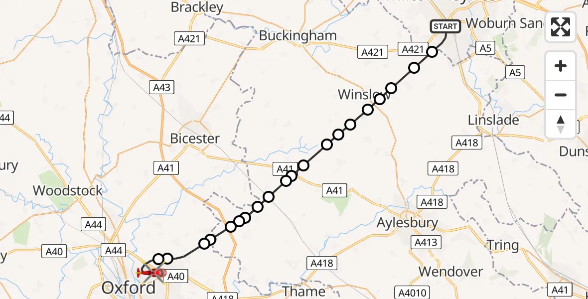 Flight route Air Ambulance Helicopter Bletchley - Oxford, 22 May 2026, 09:13