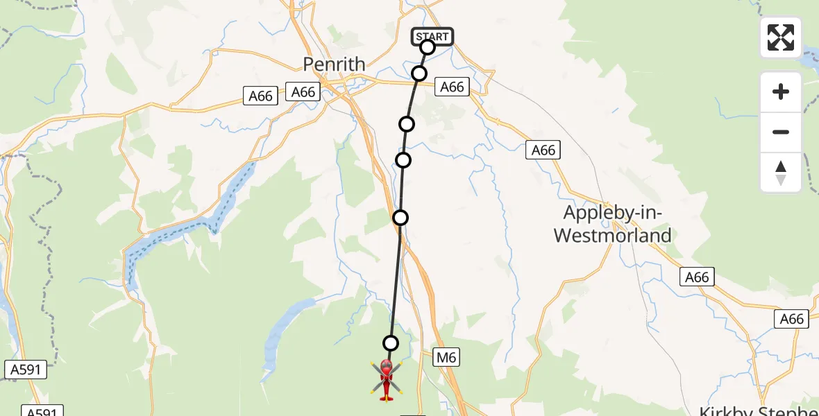 Flight route Air Ambulance Helicopter Langwathby - Shap Rural, 22 May 2026, 09:28