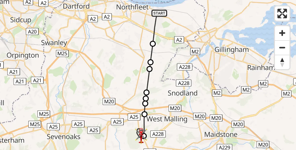 Flight route Air Ambulance Helicopter Gravesend - Mereworth, 22 May 2026, 09:34