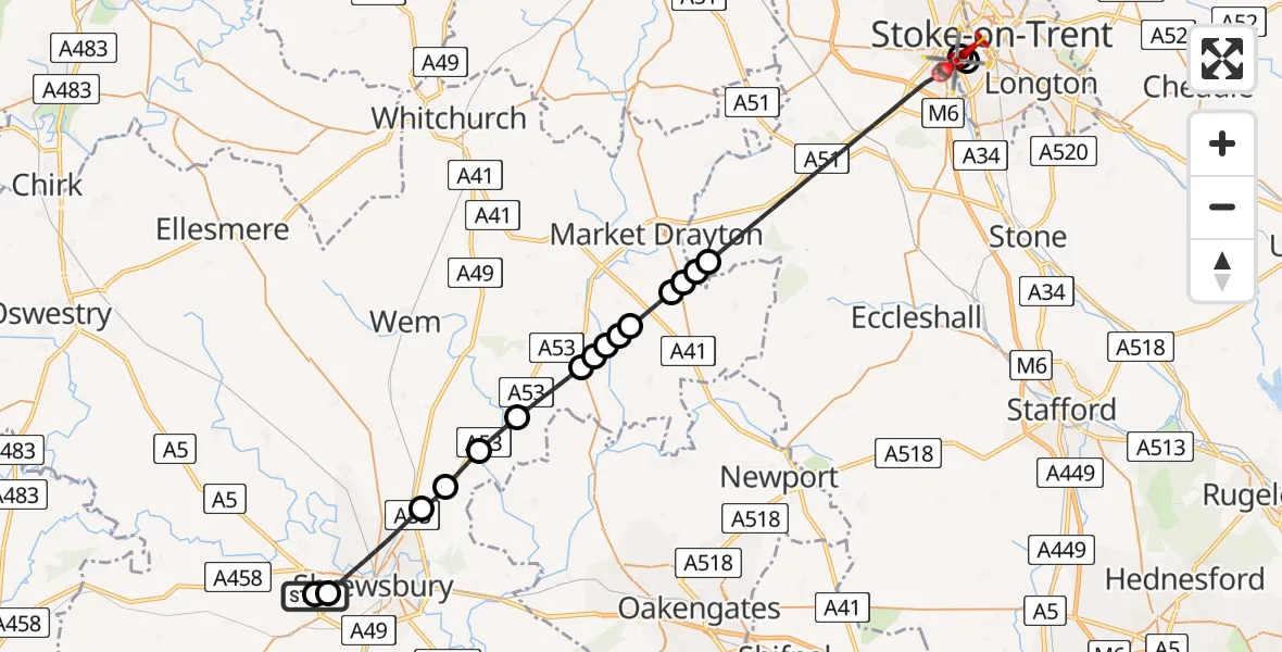 Flight route Air Ambulance Helicopter Shrewsbury - University Hospital North Staffs, 22 May 2026, 09:35