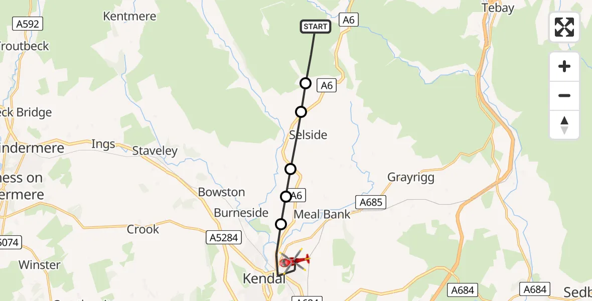 Flight route Air Ambulance Helicopter Selside and Fawcett Forest - Kendal, 22 May 2026, 09:36