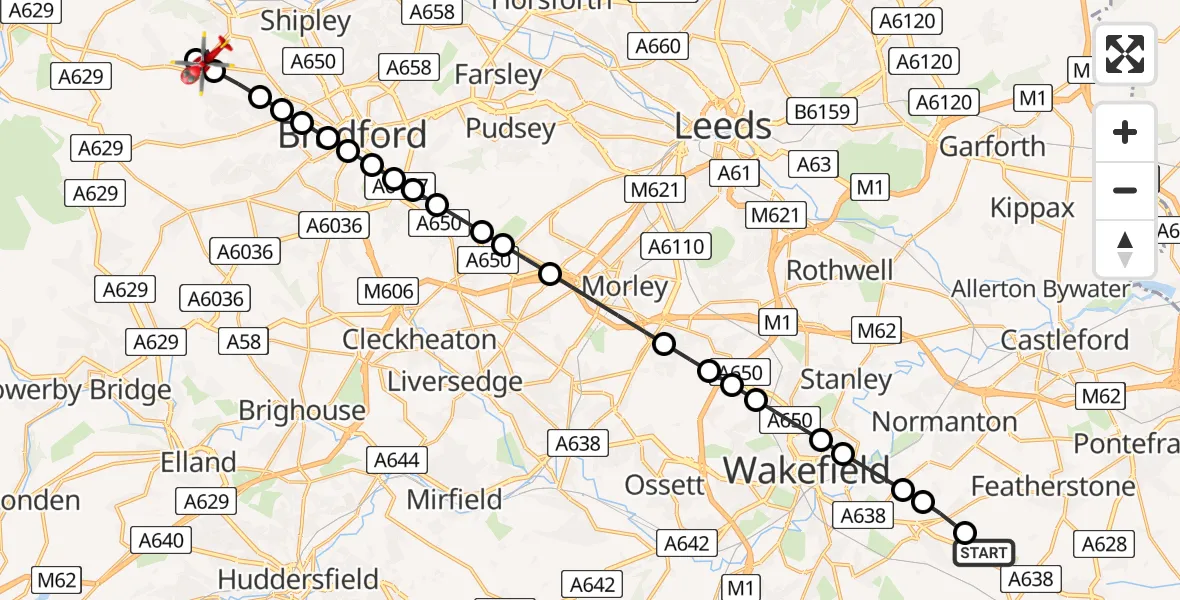 Flight route Air Ambulance Helicopter YAA Nostell Helicopter Port - Bingley, 22 May 2026, 09:38