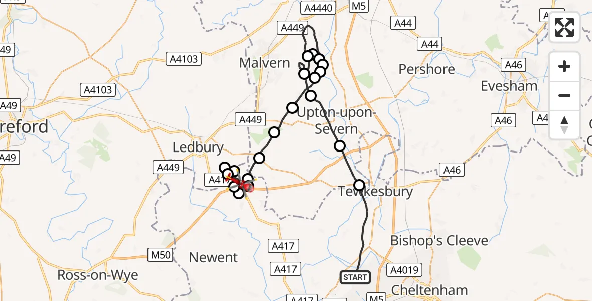 Flight route Air Ambulance Helicopter Tewkesbury - Bromsberrow, 22 May 2026, 09:39