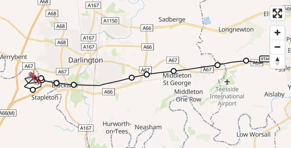 Flight route Air Ambulance Helicopter Egglescliffe - Cleasby, 22 May 2026, 09:39
