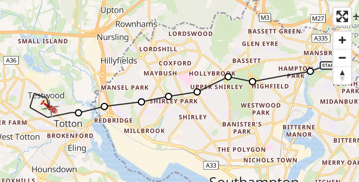 Flight route Air Ambulance Helicopter Mansbridge - Totton, 22 May 2026, 09:48