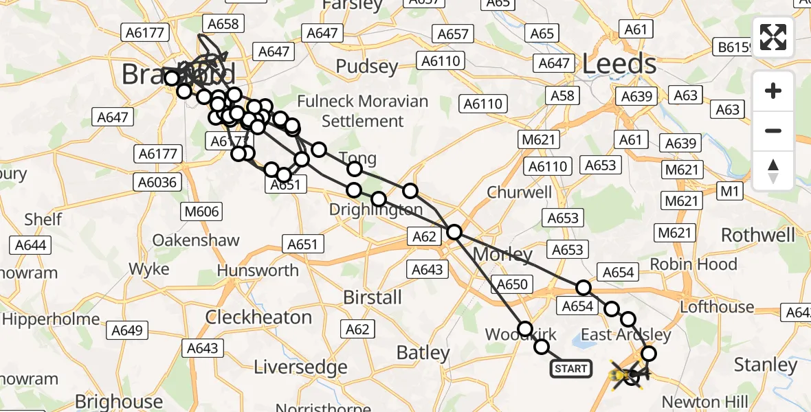 Flight route Police Helicopter Woodkirk - East Ardsley, 22 May 2026, 09:50
