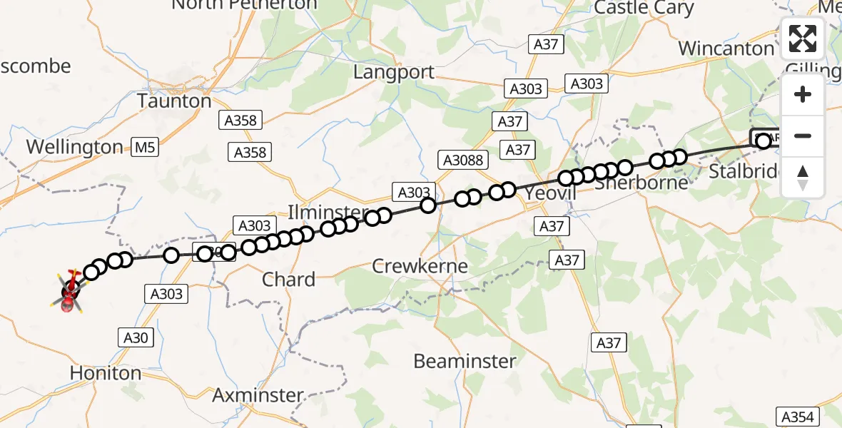 Flight route Air Ambulance Helicopter Henstridge Airfield - Dunkeswell Airfield, 22 May 2026, 09:51