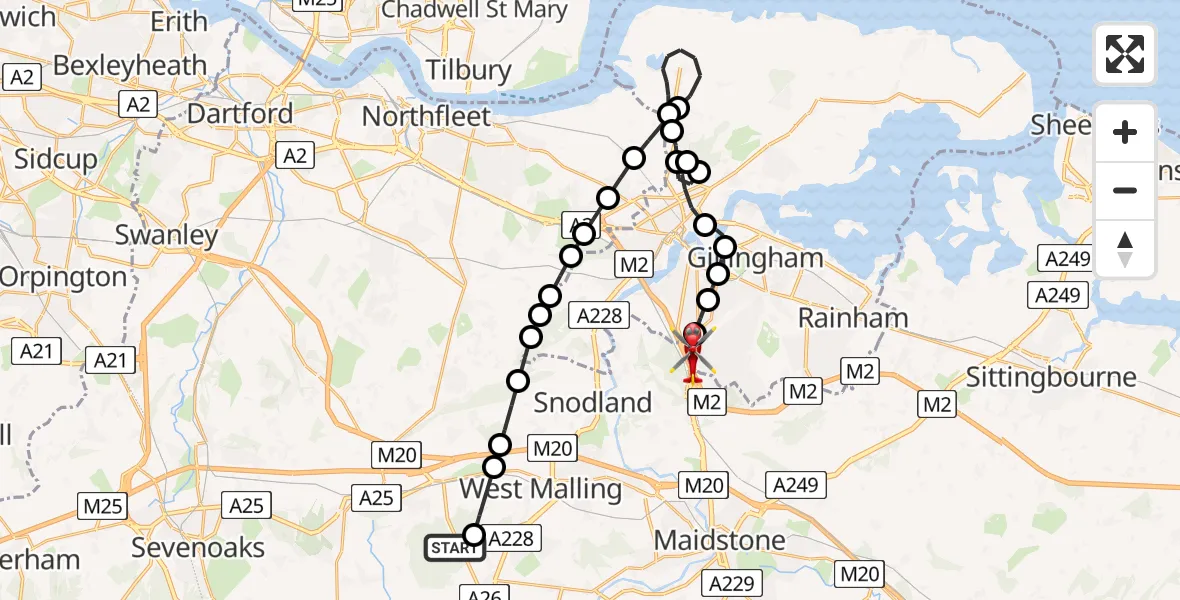 Flight route Air Ambulance Helicopter Mereworth - Rochester Airport, 22 May 2026, 09:54