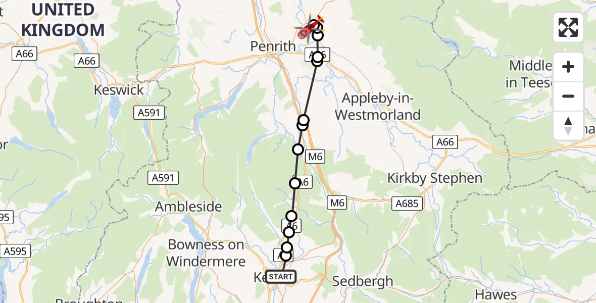 Flight route Air Ambulance Helicopter Kendal - Langwathby, 22 May 2026, 09:57