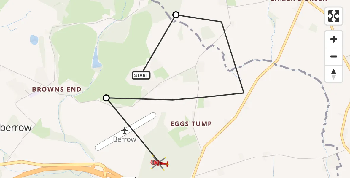 Flight route Air Ambulance Helicopter Bromsberrow - Redmarley d'Abitot, 22 May 2026, 10:02
