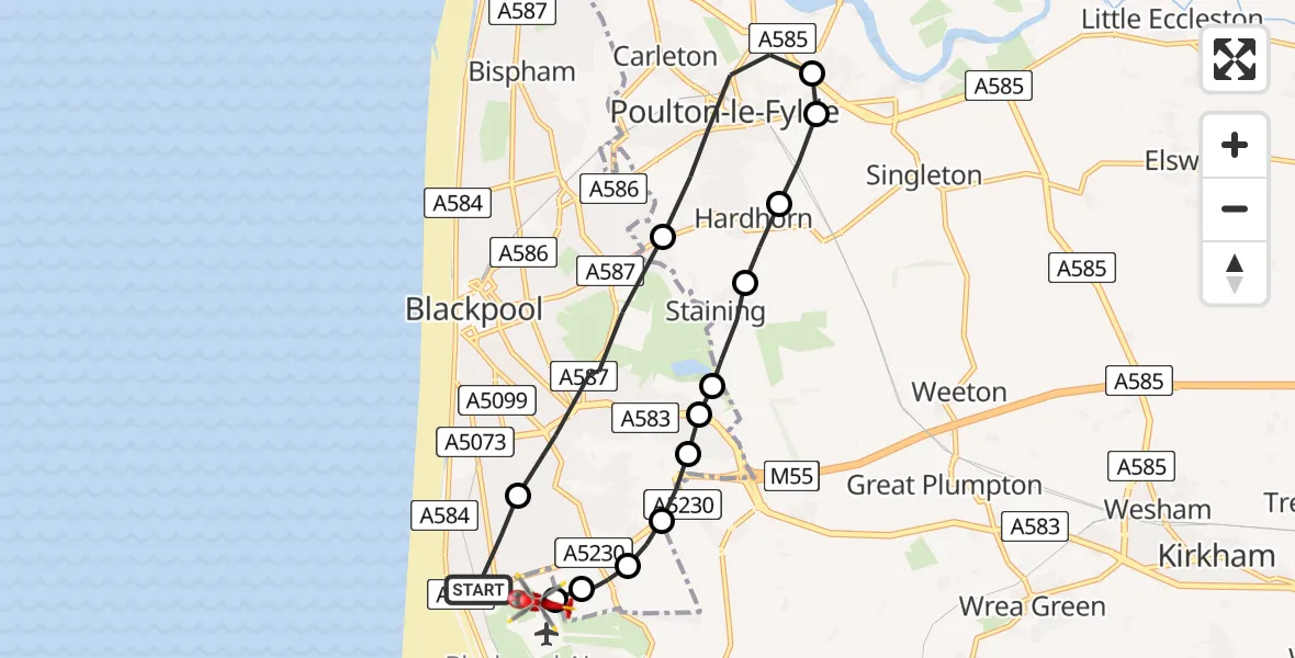 Flight route Air Ambulance Helicopter Squires Gate - Blackpool Airport, 22 May 2026, 10:05