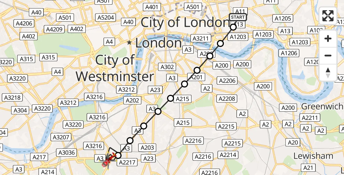 Flight route Air Ambulance Helicopter Royal London Hospital - Clapham, 22 May 2026, 10:10