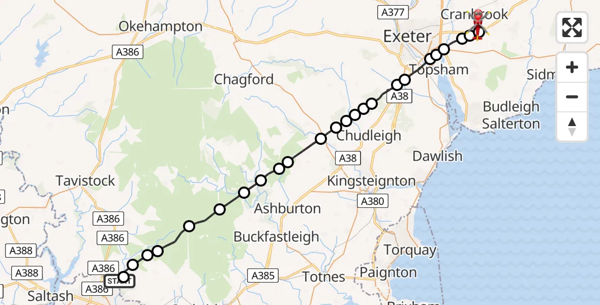 Flight route Air Ambulance Helicopter South Hams - Rockbeare, 22 May 2026, 10:18