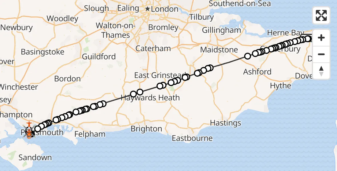 Flight route Coastguard Helicopter Manston Airport - Solent Airport, 22 May 2026, 10:19