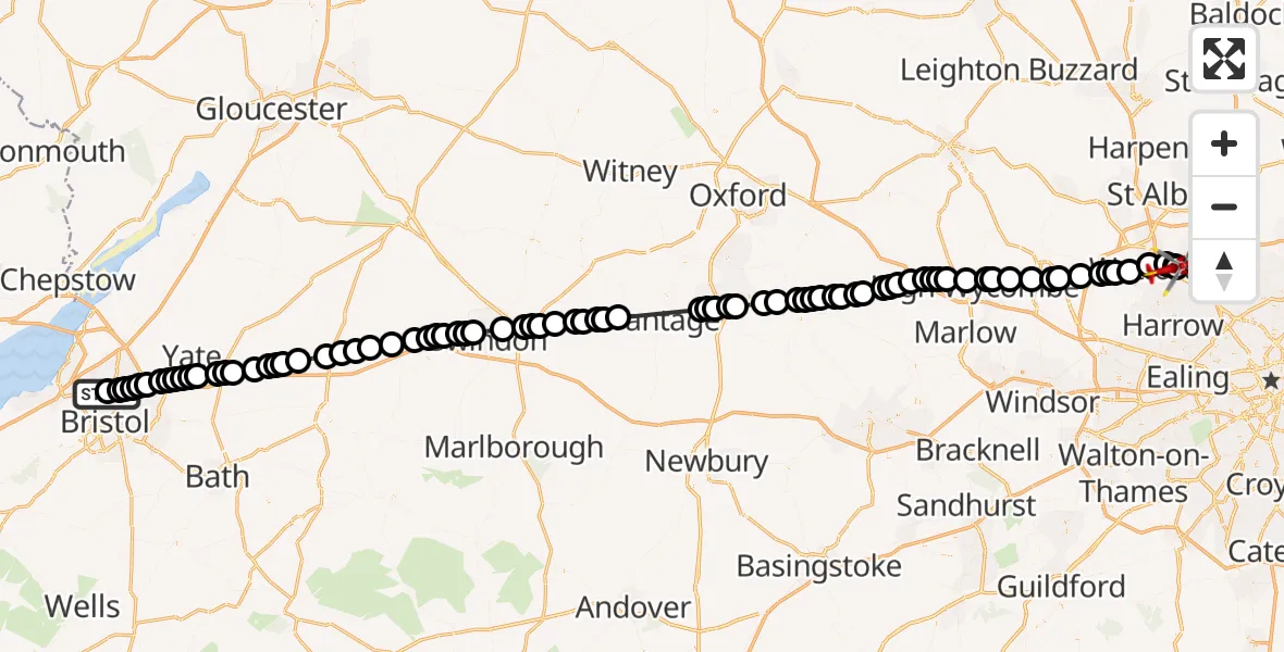 Flight route Air Ambulance Helicopter Southmead Hospital - Elstree Airfield, 22 May 2026, 10:27