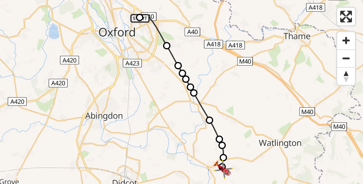 Flight route Air Ambulance Helicopter John Radcliffe Hospital - RAF Benson, 22 May 2026, 10:31