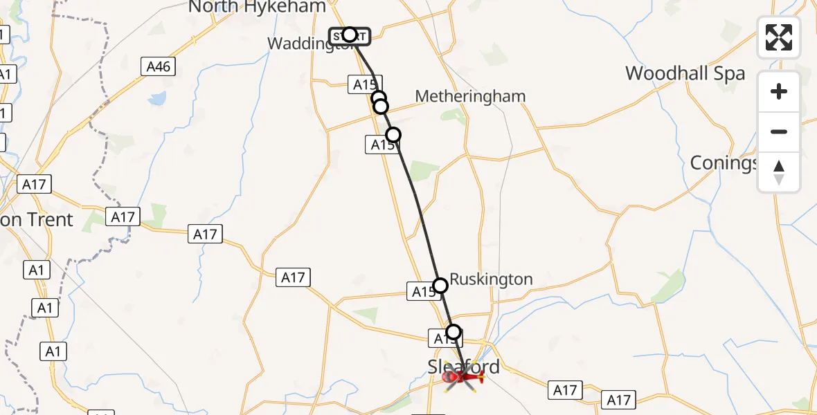Flight route Air Ambulance Helicopter RAF Waddington - Sleaford, 22 May 2026, 10:31