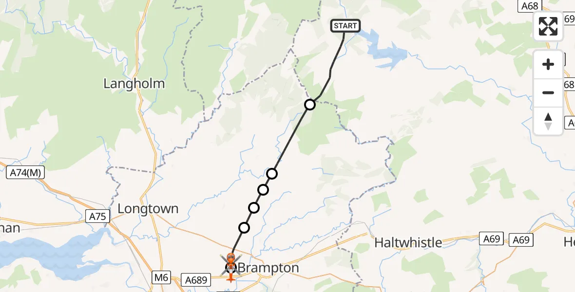 Flight route Coastguard Helicopter Kielder - Carlisle Lake District Airport, 22 May 2026, 10:35