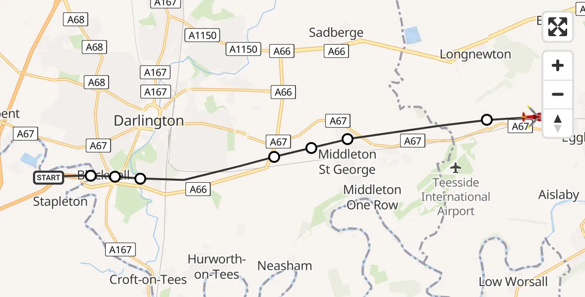 Flight route Air Ambulance Helicopter Cleasby - Egglescliffe, 22 May 2026, 10:37