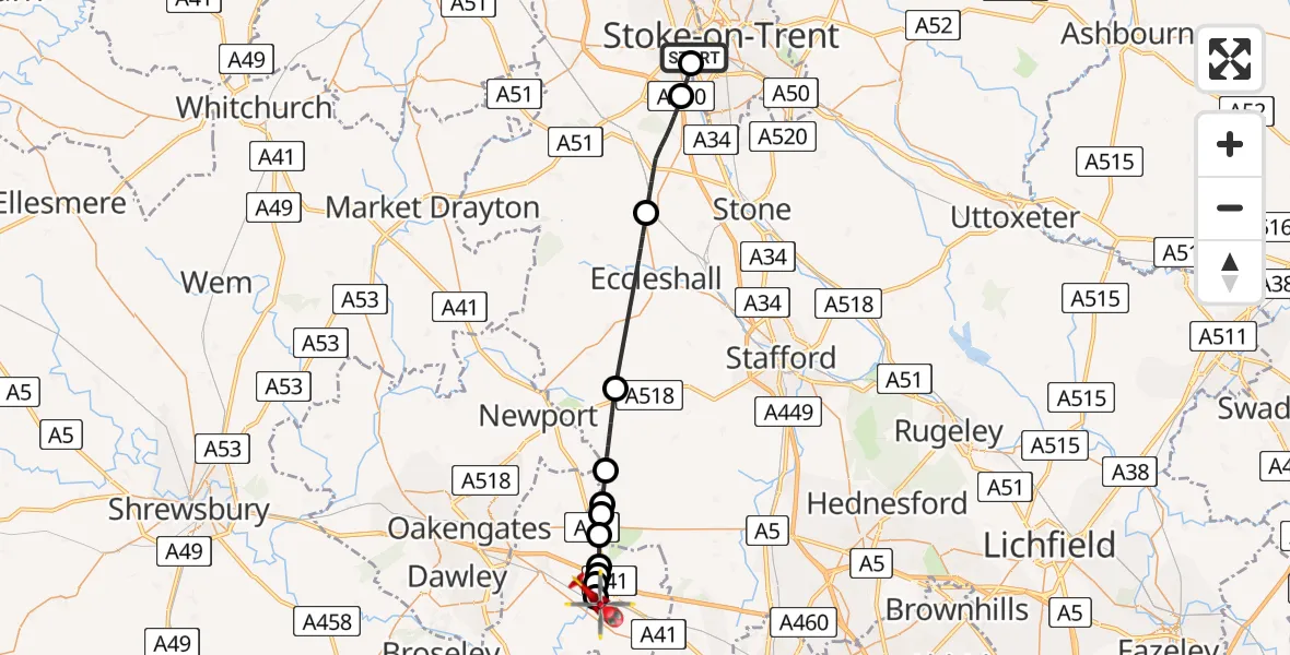 Flight route Air Ambulance Helicopter University Hospital North Staffs - Tong, 22 May 2026, 10:40