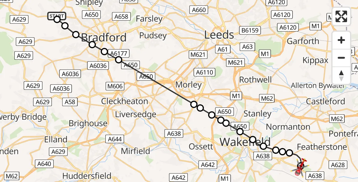 Flight route Air Ambulance Helicopter Sandy Lane - YAA Nostell Helicopter Port, 22 May 2026, 10:42