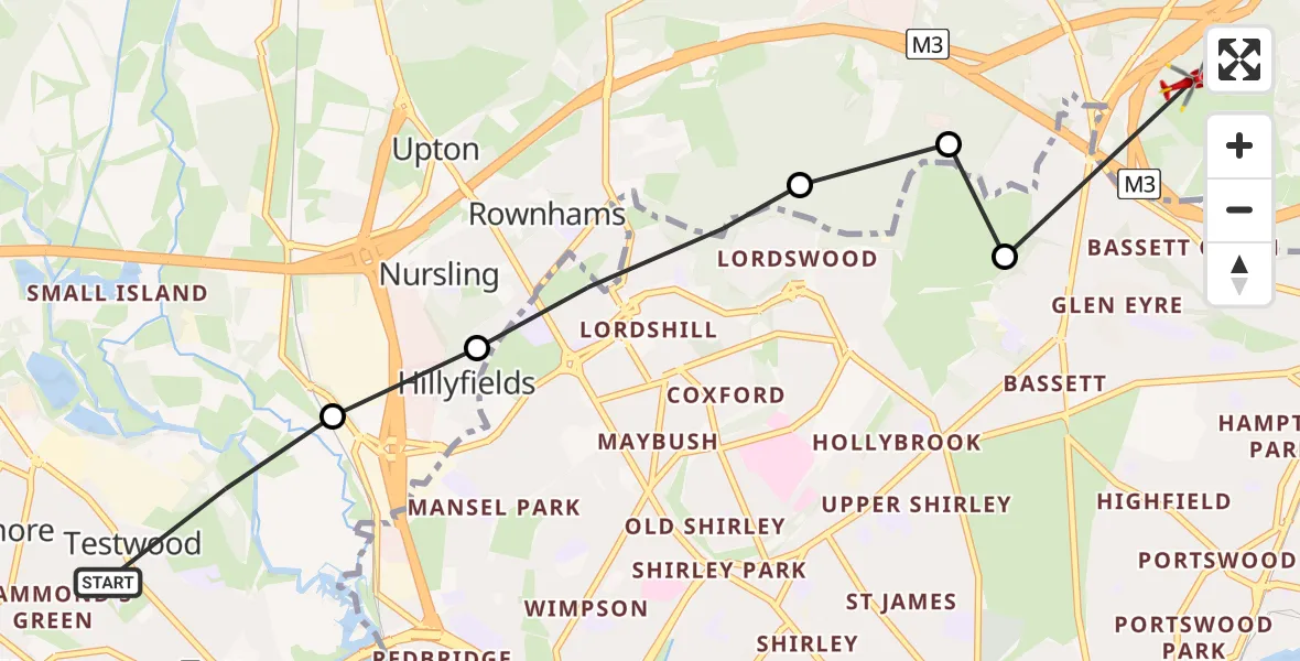 Flight route Air Ambulance Helicopter Totton - Eastleigh, 22 May 2026, 10:43