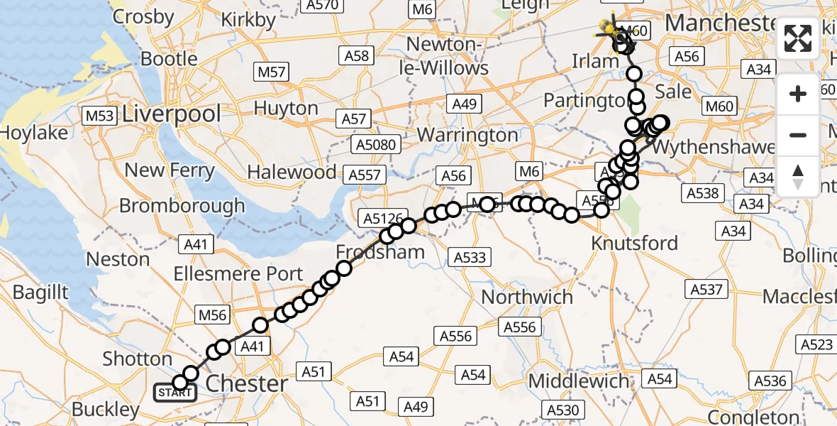 Flight route Police Helicopter Hawarden Airport - Manchester Barton Aerodrome, 22 May 2026, 11:00