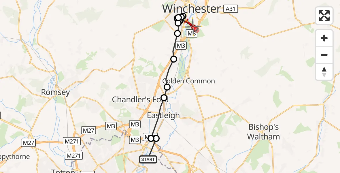 Flight route Air Ambulance Helicopter Bitterne Park - Winchester, 22 May 2026, 11:01