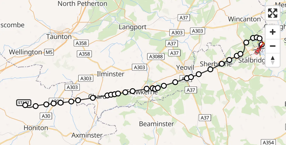 Flight route Air Ambulance Helicopter Dunkeswell Airfield - Kington Magna, 22 May 2026, 11:02
