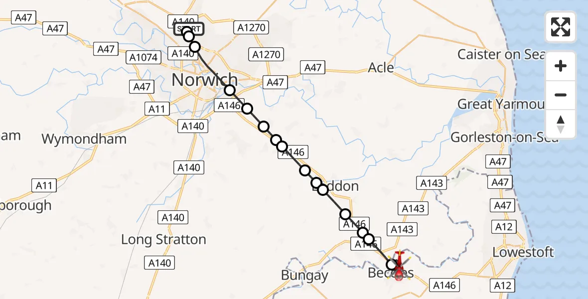 Flight route Air Ambulance Helicopter Norwich Airport - Beccles, 22 May 2026, 11:06