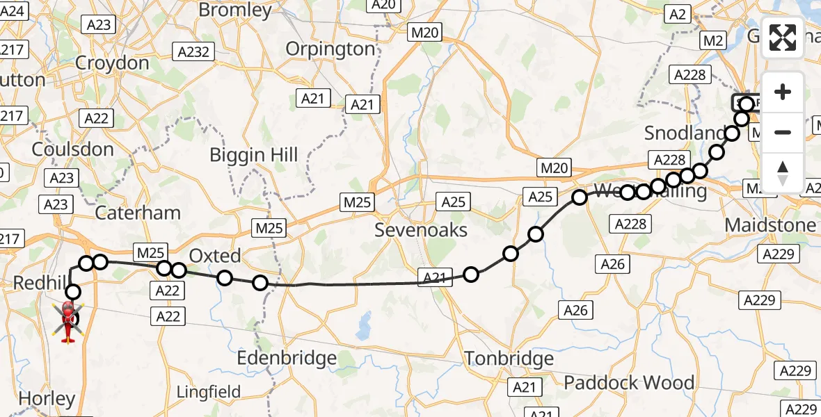 Flight route Air Ambulance Helicopter Rochester Airport - Redhill Aerodrome, 22 May 2026, 11:07