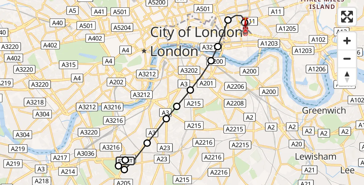 Flight route Air Ambulance Helicopter Clapham - Royal London Hospital, 22 May 2026, 11:07
